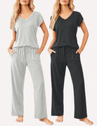 Women’s striped short-sleeve pajama set; includes light gray and dark charcoal drawstring pants.
