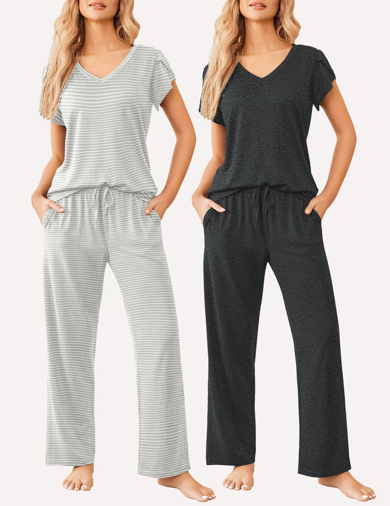 Women’s striped short-sleeve pajama set; includes light gray and dark charcoal drawstring pants.