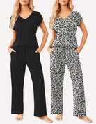 Women’s short-sleeve pajama set: solid black with gathered waist; leopard-print gray with V-neck.
