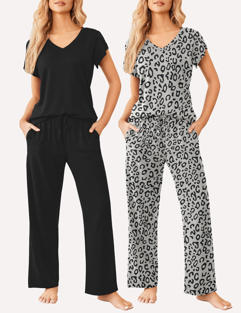 Women’s short-sleeve pajama set: solid black with gathered waist; leopard-print gray with V-neck.