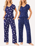 Women’s short-sleeve pajama set: navy with moon prints; alternate with full moon-circle pattern.