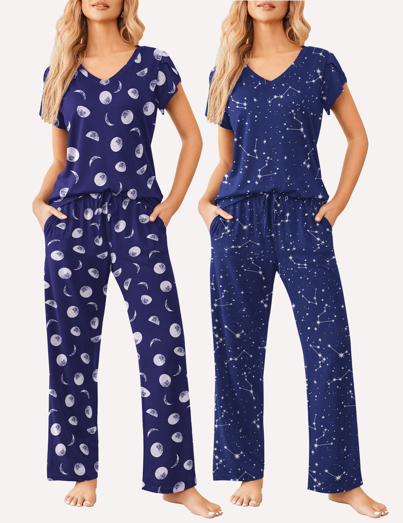 Women’s short-sleeve pajama set: navy with moon prints; alternate with full moon-circle pattern.