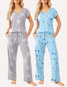 Women’s short-sleeve pajama set: heather gray star print; light blue sleepwear with pattern.