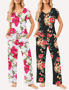 Women’s floral short-sleeve pajama set: white with bright pink flowers; black with colorful blooms.