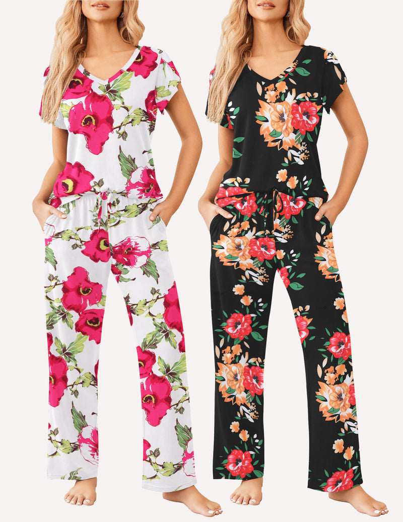 Women’s floral short-sleeve pajama set: white with bright pink flowers; black with colorful blooms.