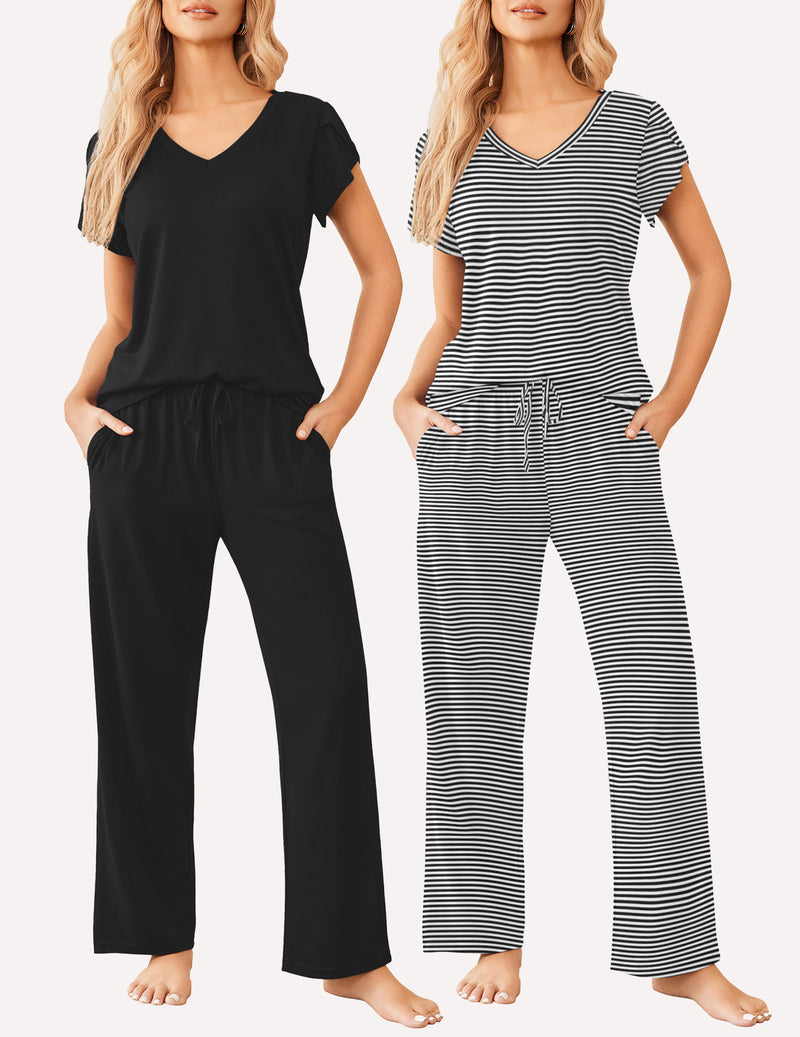 Women’s short-sleeve pajama set: solid black with drawstring waist; striped black-and-white option.