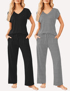 Women’s short-sleeve pajama set: solid black with drawstring waist; striped black-and-white option.