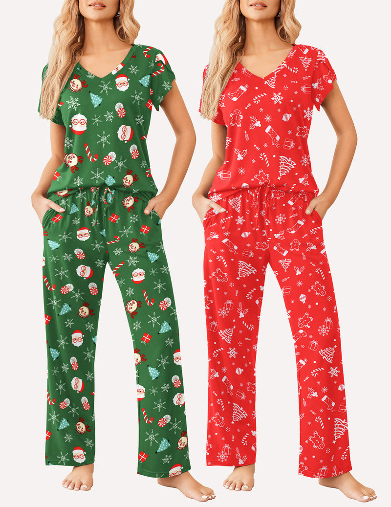 Women’s holiday short-sleeve pajama set: green with festive prints; red set with snowflake icons.