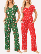 Women’s holiday short-sleeve pajama set: green with festive prints; red set with snowflake icons.