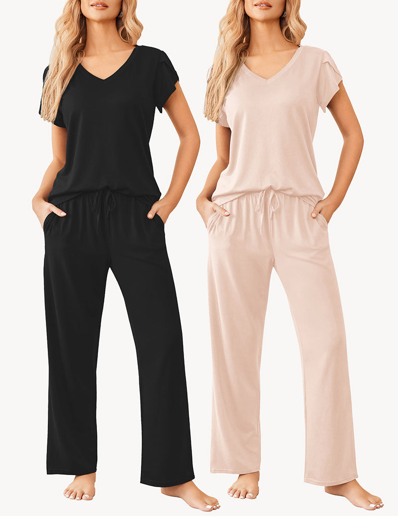 2-piece pajama lounge sets, black and blush solid V-neck with drawstring wide-leg pants