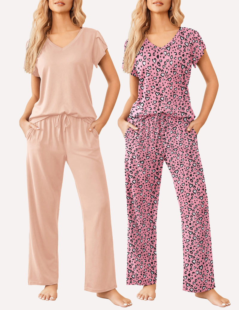 2-piece pajama lounge sets, blush solid and pink leopard print V-neck drawstring pants