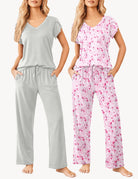 2-pack: gray striped V-neck pajama set and pink floral-print V-neck pajama set