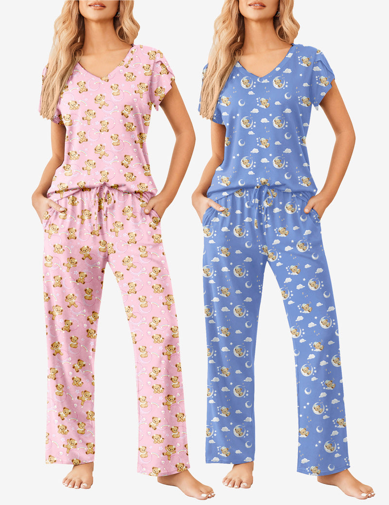 2-pack: pink bear-print V-neck pajama set and blue bear-print V-neck pajama set