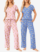2-pack: pink bear-print V-neck pajama set and blue bear-print V-neck pajama set