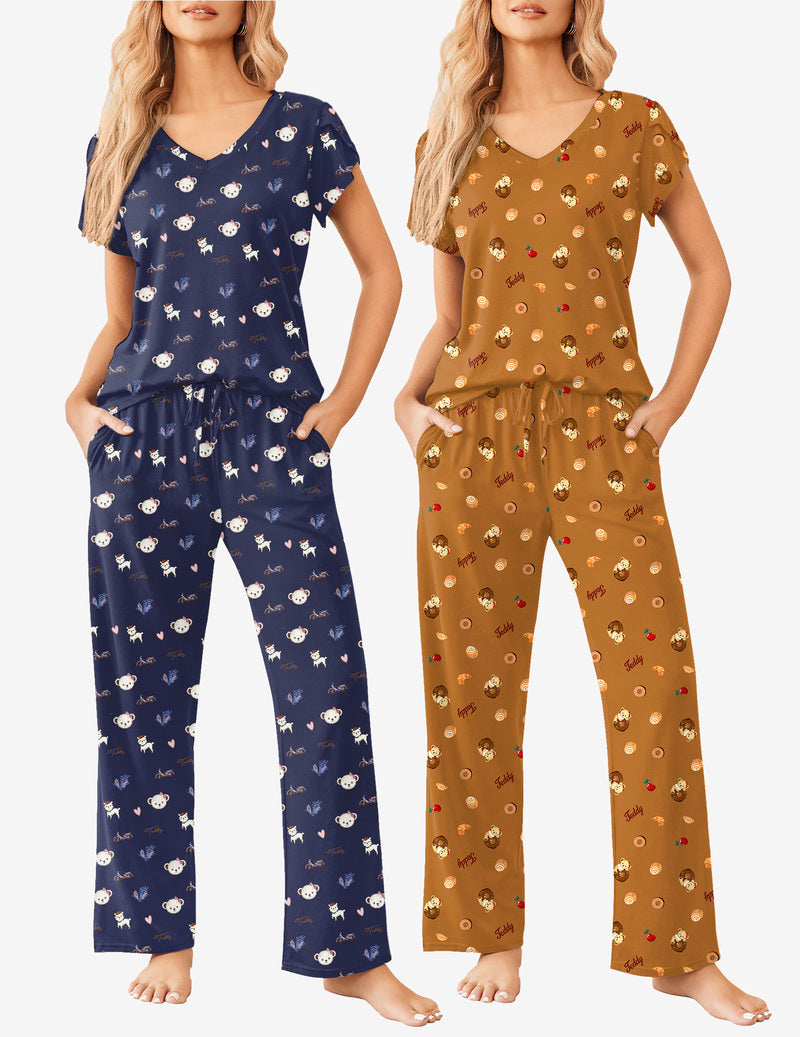 2-piece pajama lounge sets, navy and tan printed V-neck with drawstring pants