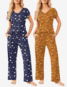 2-piece pajama lounge sets, navy and tan printed V-neck with drawstring pants