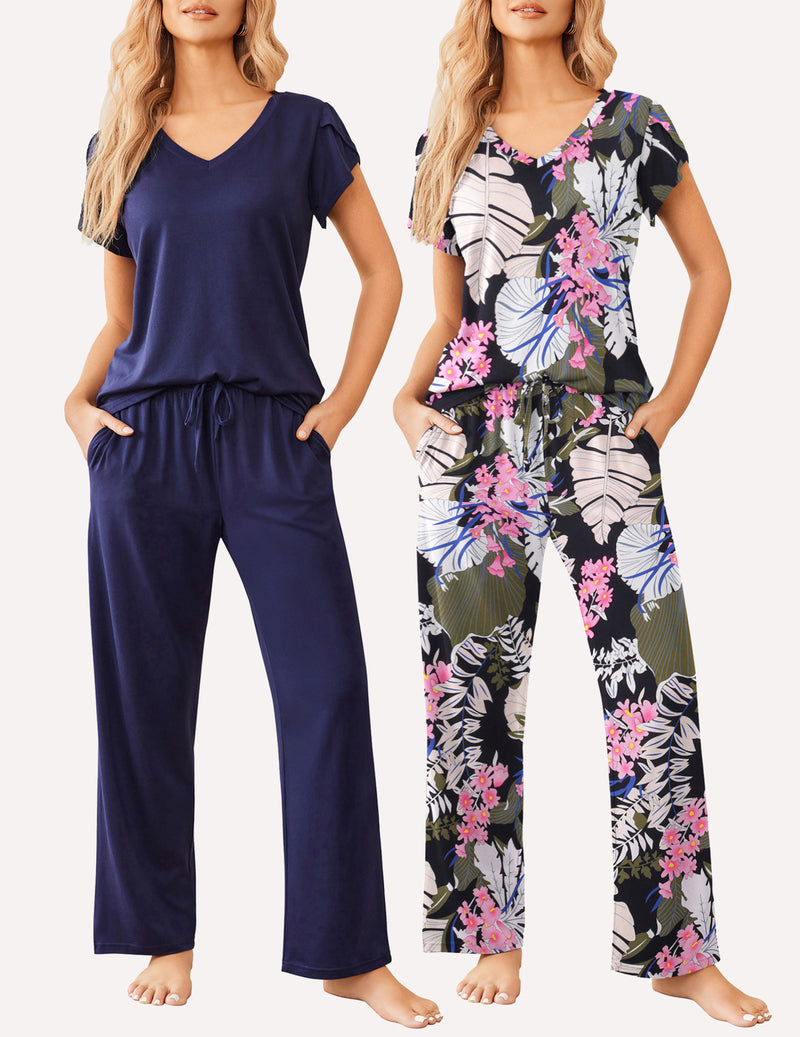 2-piece pajama lounge sets, navy solid and black tropical floral V-neck drawstring pants