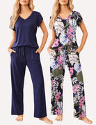 2-piece pajama lounge sets, navy solid and black tropical floral V-neck drawstring pants