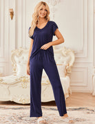 Women's navy solid pajama lounge set, V-neck short sleeves with drawstring wide-leg pants