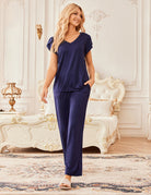 Women's navy solid pajama lounge set, V-neck short sleeves and drawstring wide-leg pants