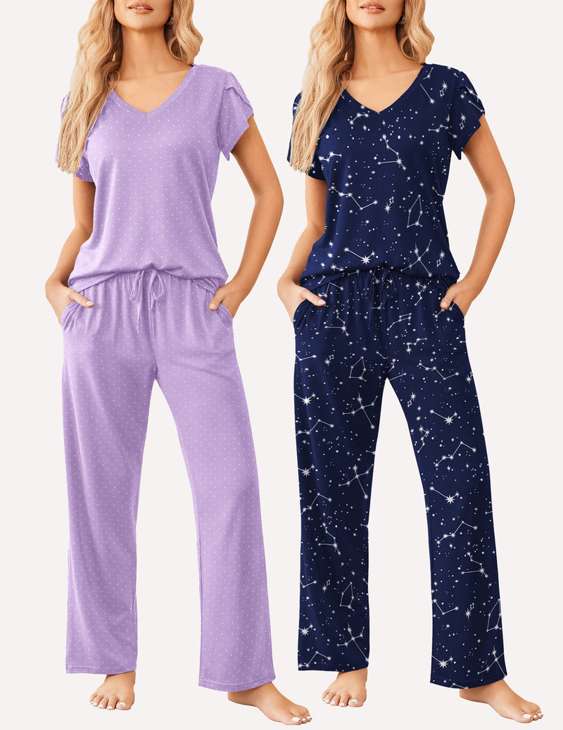 2-piece pajama set: lavender dotted V-neck top and pants; navy star printed set