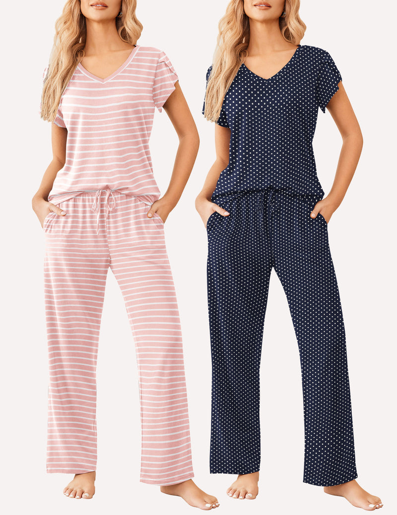 2-piece pajama set: pink striped V-neck top and pants; navy dot V-neck set