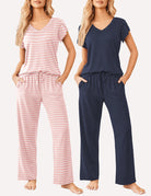 2-piece pajama set: pink striped V-neck top and pants; navy dot V-neck set