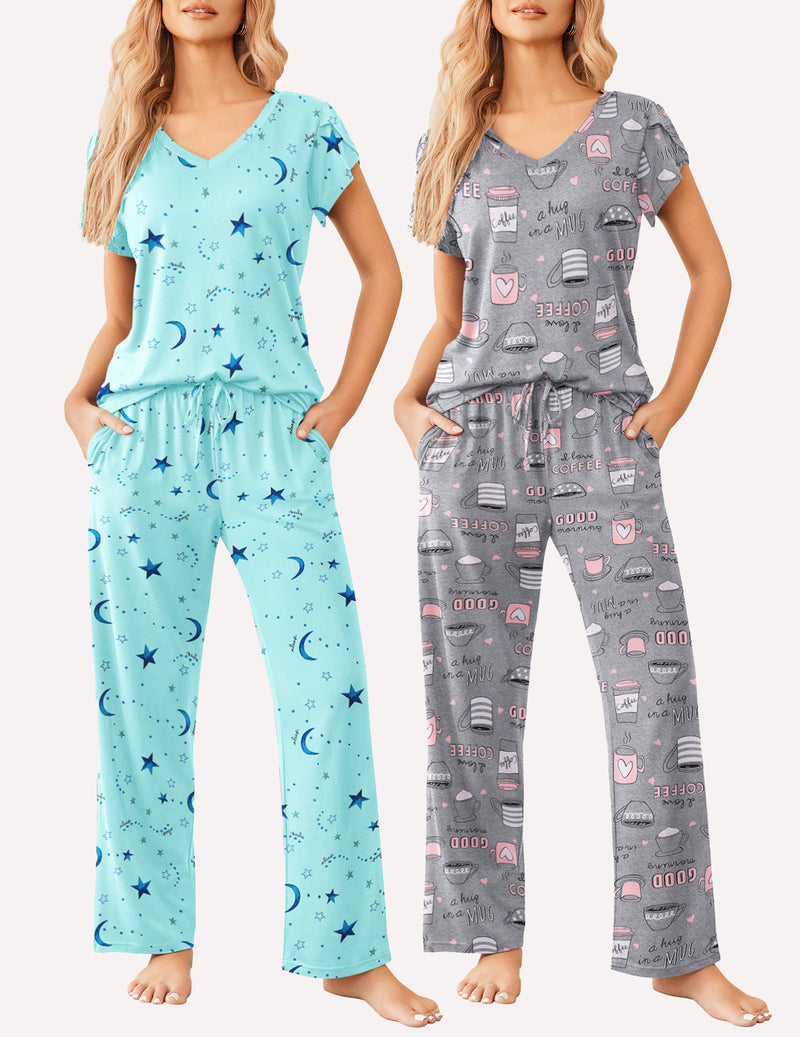 2-piece pajama set: aqua star and moon print top with matching pants; gray coffee graphic set