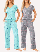 2-piece pajama set: aqua star and moon print top with matching pants; gray coffee graphic set