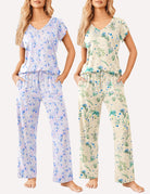 2-piece pajama set: light blue botanical print top and pants; cream floral top and pants