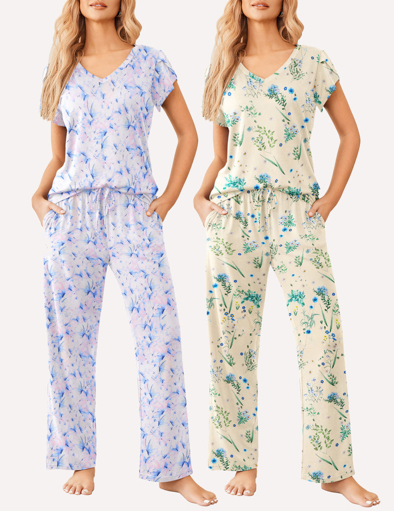 2-piece pajama set: light blue botanical print top and pants; cream floral top and pants