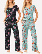 2-piece pajama set: black floral V-neck top and pants; teal floral V-neck set