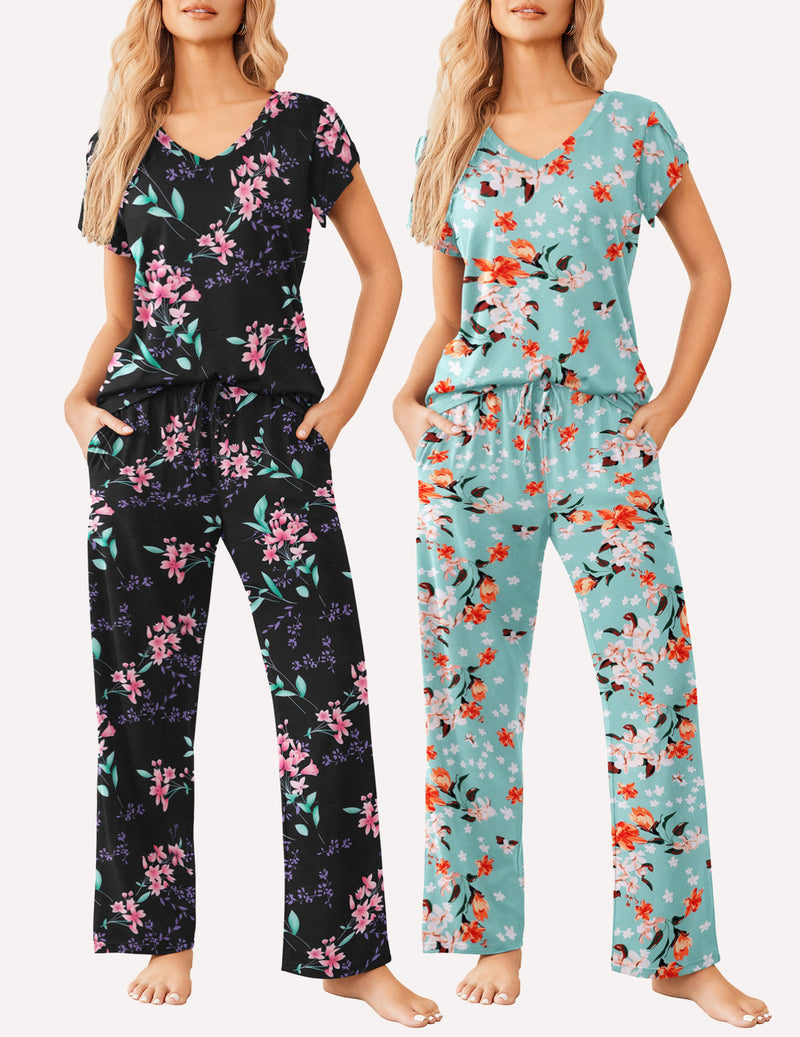 2-piece pajama set: black floral V-neck top and pants; teal floral V-neck set