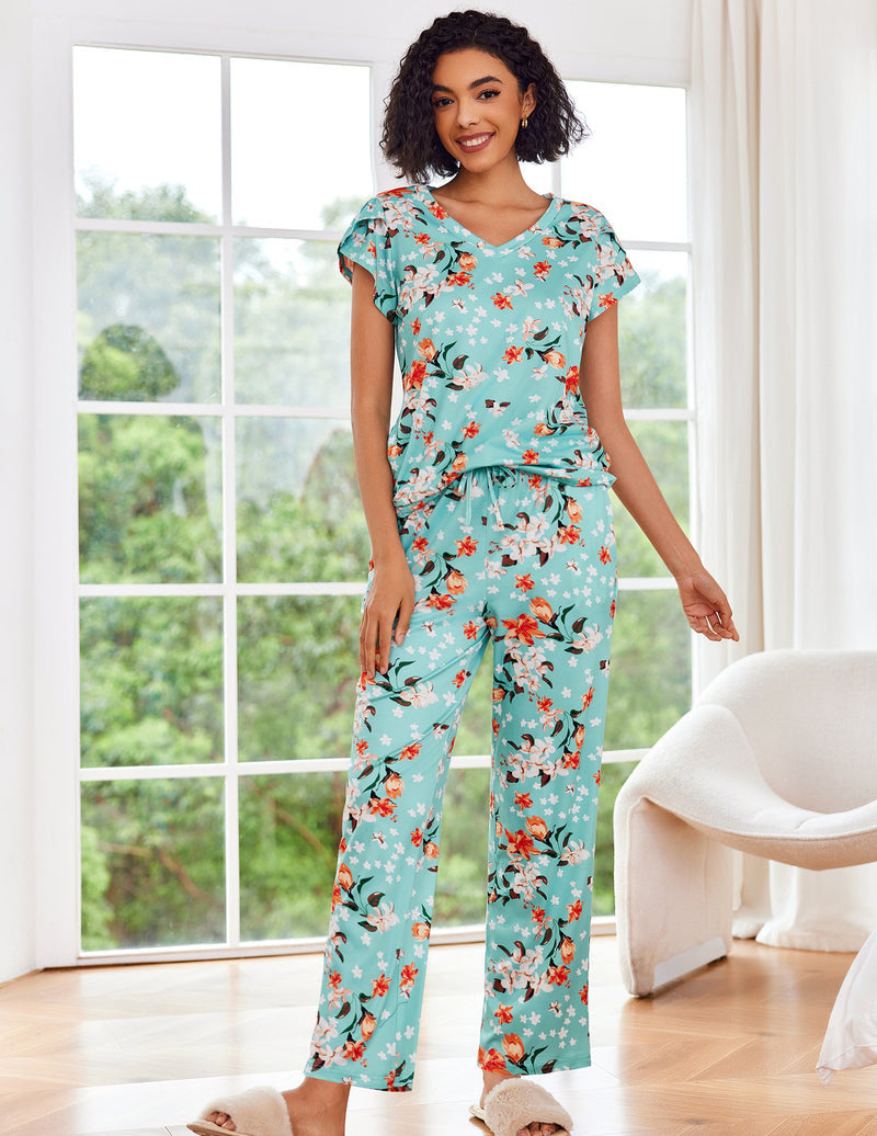 Turquoise floral pajama set with V-neck short sleeves and drawstring wide-leg pants