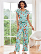 Turquoise floral pajama set with V-neck short sleeves and drawstring wide-leg pants