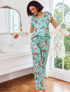 Turquoise floral V-neck short-sleeve pajama set with drawstring wide-leg pants