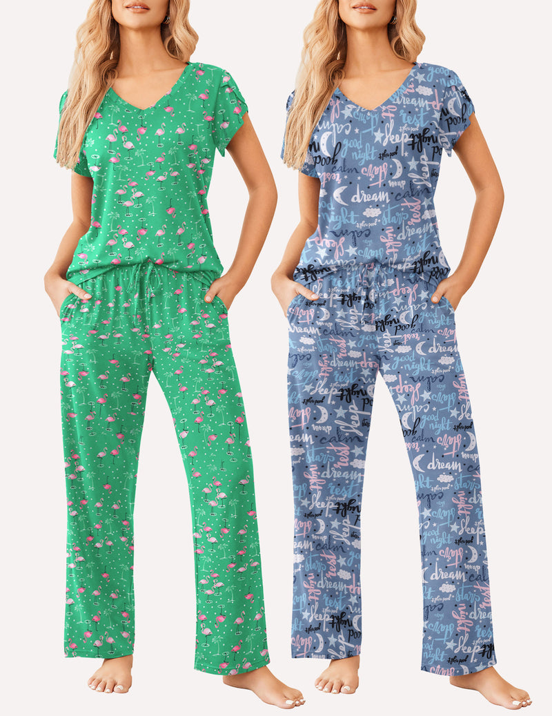 Women’s short-sleeve pajama set with green fabric and pink print; blue version with star text.