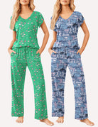 Women’s short-sleeve pajama set with green fabric and pink print; blue version with star text.