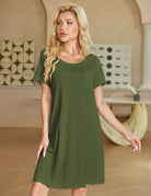 Ekouaer bamboo viscose nightgown, army green short sleeves with scalloped hem and chest pocket
