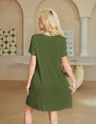Olive green short sleeve ruffle nightgown with scalloped hem, back view.