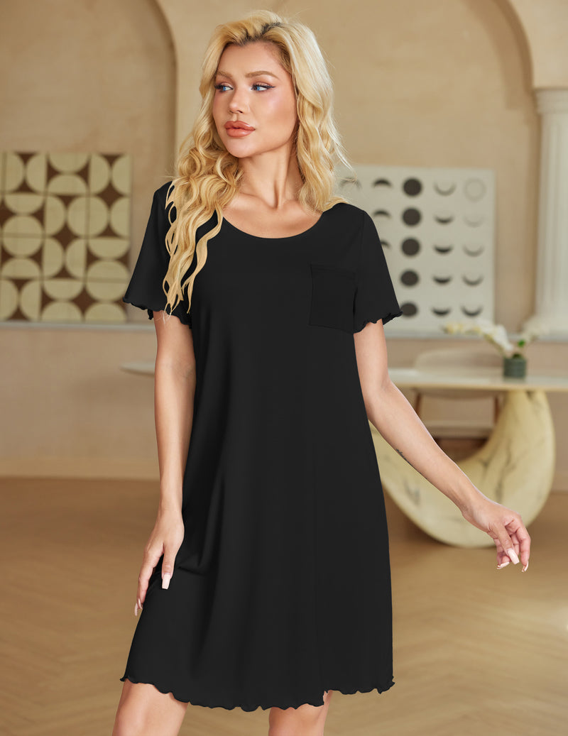 Ekouaer bamboo viscose nightgown, black short sleeves with scalloped hem and chest pocket