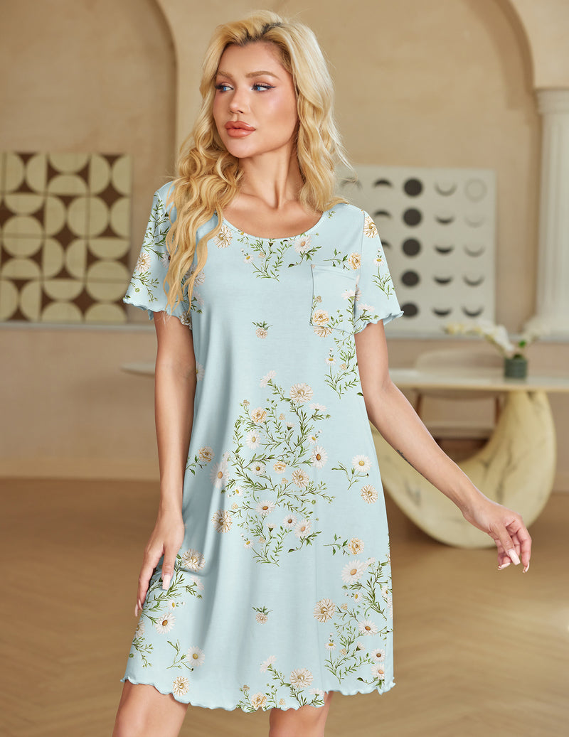 Light blue short sleeve ruffle nightgown with floral print and chest pocket.