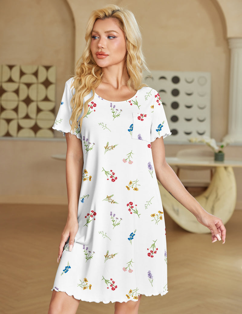 White short sleeve ruffle nightgown with floral print and chest pocket.
