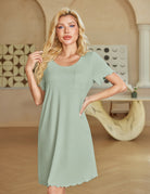 Ekouaer bamboo viscose nightgown, light green short sleeves with scalloped edge and pocket