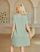 Ekouaer bamboo viscose nightgown back view, light green with scalloped ruffle hem