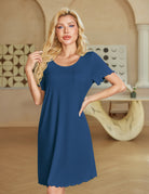 Ekouaer bamboo viscose nightgown, navy blue short sleeves with scalloped hem and chest pocket