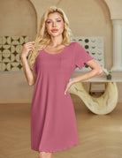 Ekouaer bamboo viscose nightgown, dusty rose short sleeves with scalloped hem and chest pocket