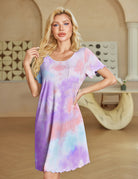 Purple tie-dye short sleeve ruffle nightgown with chest pocket and scalloped hem.