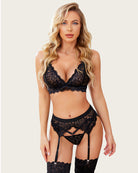 avidlove 3 piece lace leaves bra and panty set with garter blet