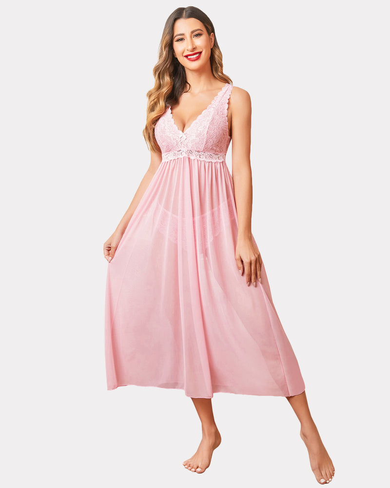 Pink lace mesh V-neck chemise babydoll lingerie, sexy nightwear for women